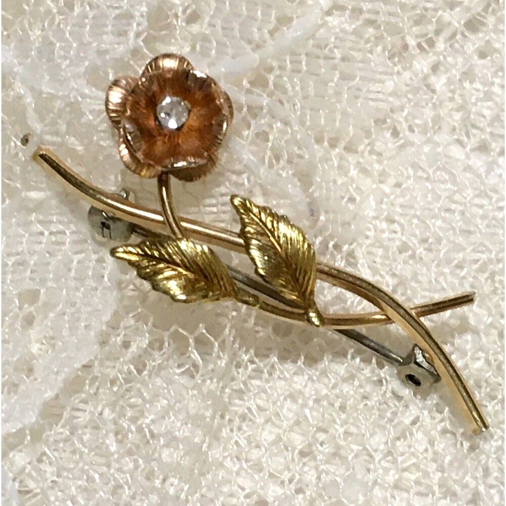 Vintage Flower Brooch Pink Gold Tone Petals Rhinestone
